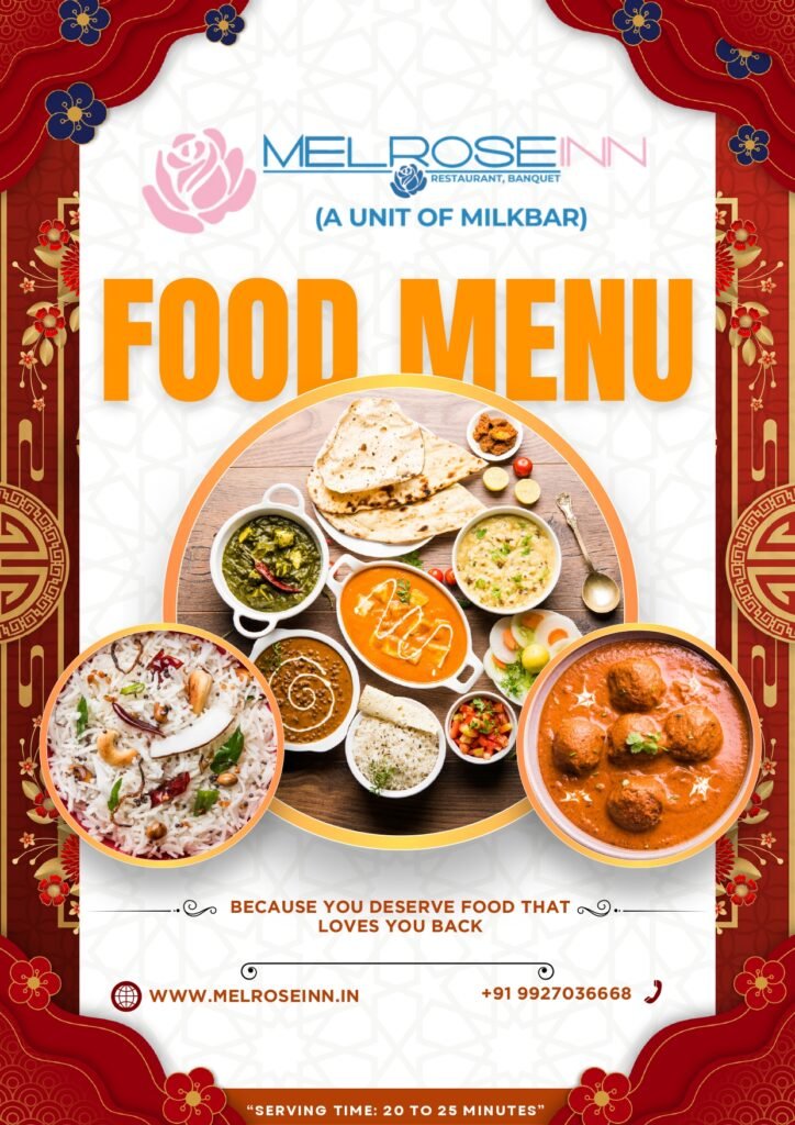 Melrose Inn restaurant menu poster with a bold orange 'FOOD MENU' headline and circular images of naan, curries, rice, and sides surrounding it; tagline at bottom.