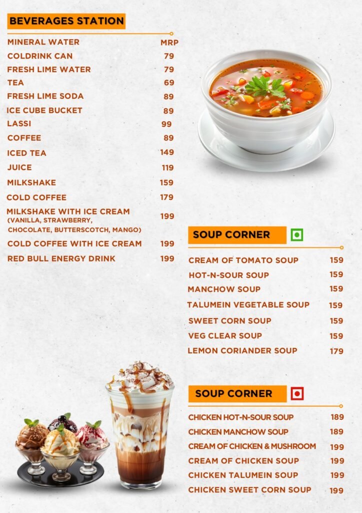 Beverages menu with items and prices on the left; soup section with a bowl image on the right.