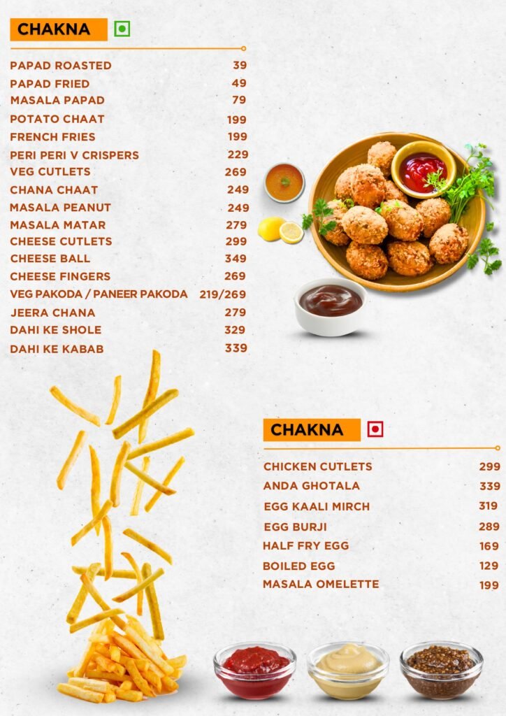 Chakna menu layout with item names and prices on the left and a bowl of fried snacks with dips on the right