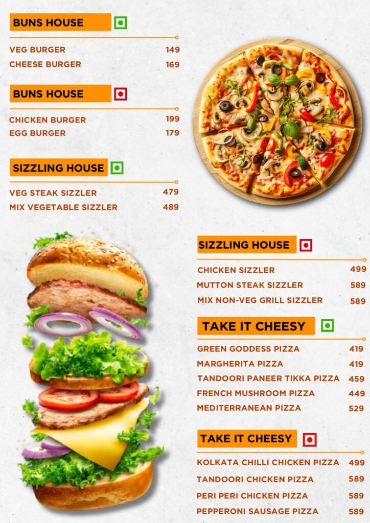Menu page with bold orange banners and prices; a large pizza on the right and a stacked burger on the left in a light concrete background.