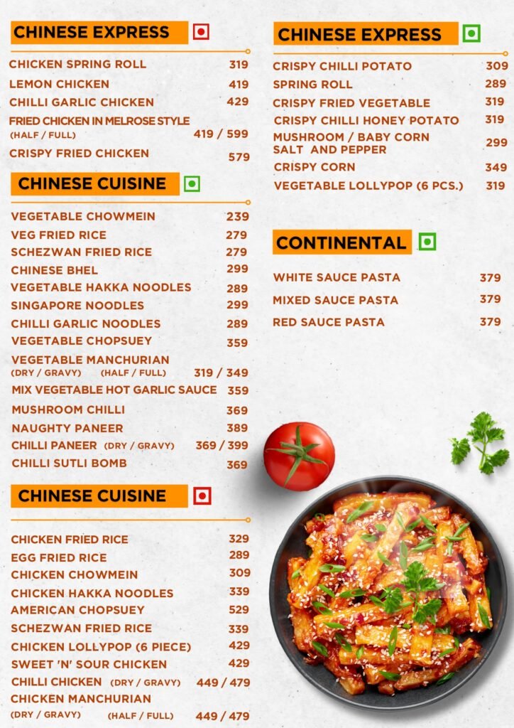 Restaurant menu page with two-column layout: Chinese Express and Continental/Chinese Cuisine sections, bold orange headers, brown text item names with prices, and a large photo of a dish at the bottom right.