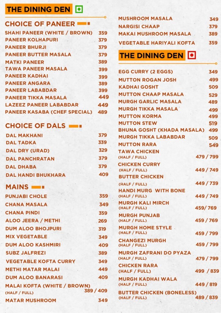 Two-column restaurant menu titled The Dining Den with paneer, dals, and mains sections and prices listed in orange ink.