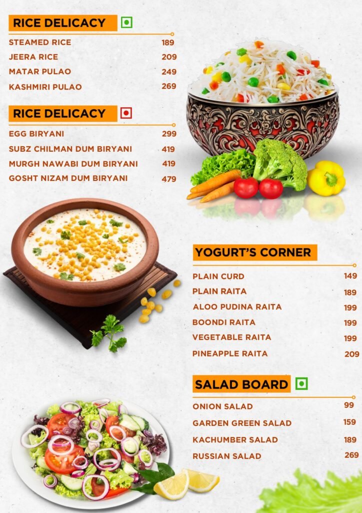 Restaurant menu page featuring rice, yogurt, and salad sections with colorful images and prices listed beside each item, including a decorative rice bowl and fresh produce.