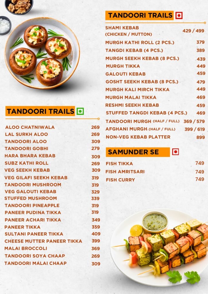 Tandoori Trails menu with various kebabs and prices, and a plate of stuffed mushrooms on the left.