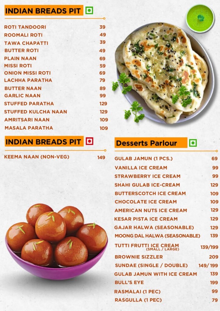 Menu page showing Indian breads with prices listed on the left and a plate of naan with chutney on the right, plus a bowl of gulab jamun at the bottom left.